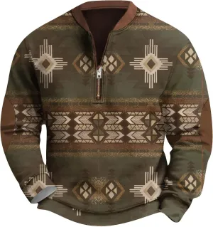 FONMA Men's Western Sweatshirts Fall Winter Knit Printed 1/4 Zip-Up Sweatshirt Casual Loose Fit Athletic Shirt