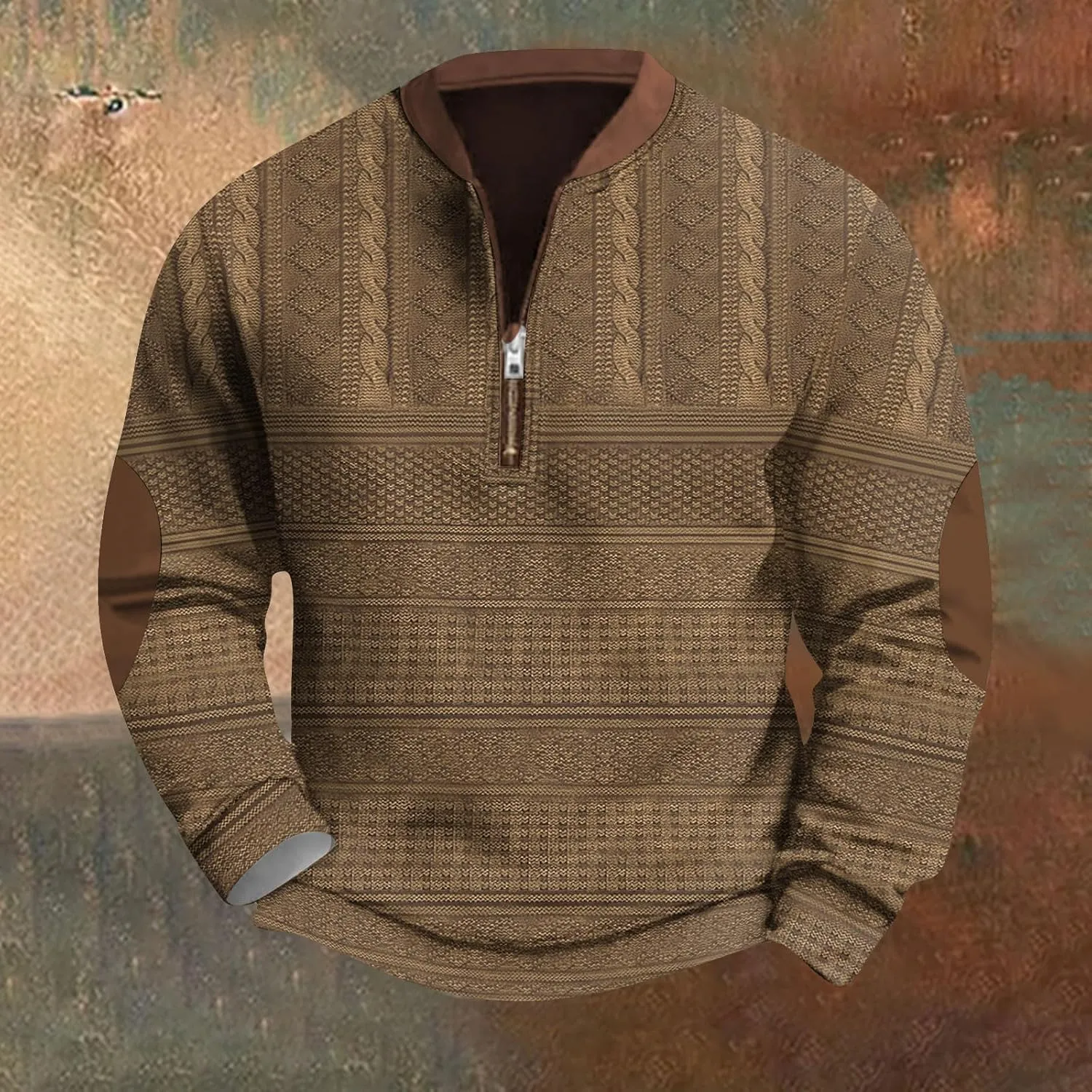 FONMA Men's Western Sweatshirts Fall Winter Knit Printed 1/4 Zip-Up Sweatshirt Casual Loose Fit Athletic Shirt