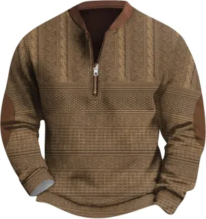 FONMA Men's Western Sweatshirts Fall Winter Knit Printed 1/4 Zip-Up Sweatshirt Casual Loose Fit Athletic Shirt