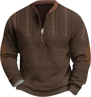 FONMA Men's Western Sweatshirts Fall Winter Knit Printed 1/4 Zip-Up Sweatshirt Casual Loose Fit Athletic Shirt