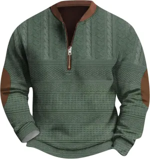 FONMA Men's Western Sweatshirts Fall Winter Knit Printed 1/4 Zip-Up Sweatshirt Casual Loose Fit Athletic Shirt