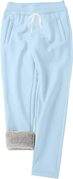 Fuzzy Warm Sweatpants for Womens Fleece Lined Drawstring Elastic Waist Jogger Pants Casual Loose Thermal Trousers Sky Blue