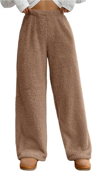Girl's Fuzzy Plush Pants Elastic Waist Straight Leg Pants Loose Casual Trousers
