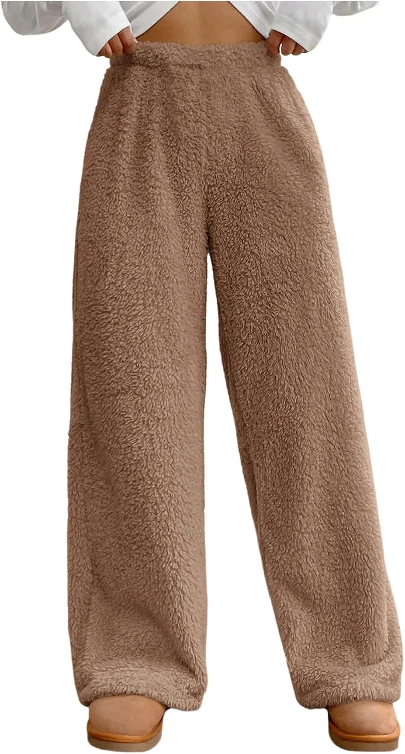 Girl's Fuzzy Plush Pants Elastic Waist Straight Leg Pants Loose Casual Trousers