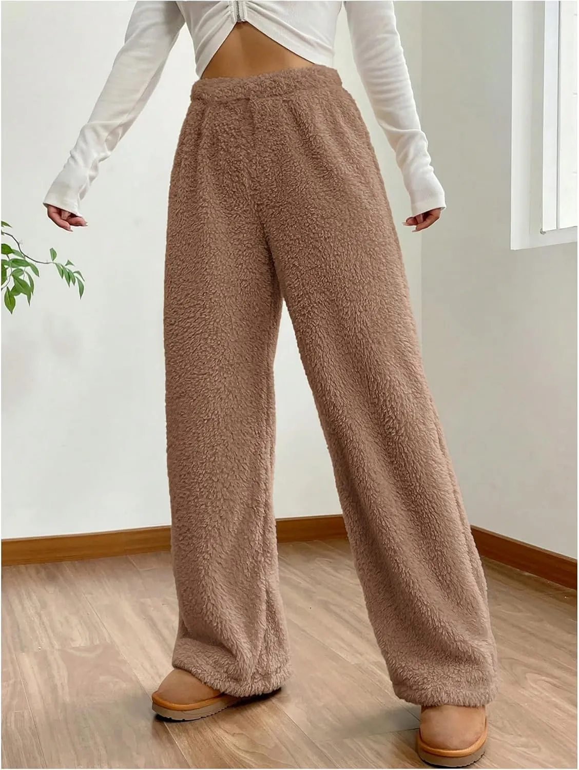 Girl's Fuzzy Plush Pants Elastic Waist Straight Leg Pants Loose Casual Trousers