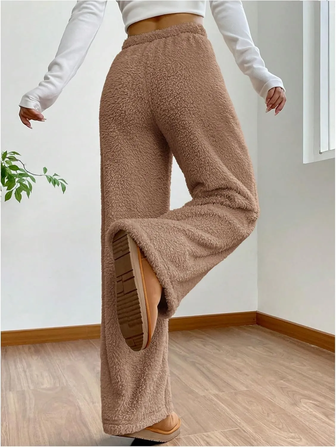 Girl's Fuzzy Plush Pants Elastic Waist Straight Leg Pants Loose Casual Trousers