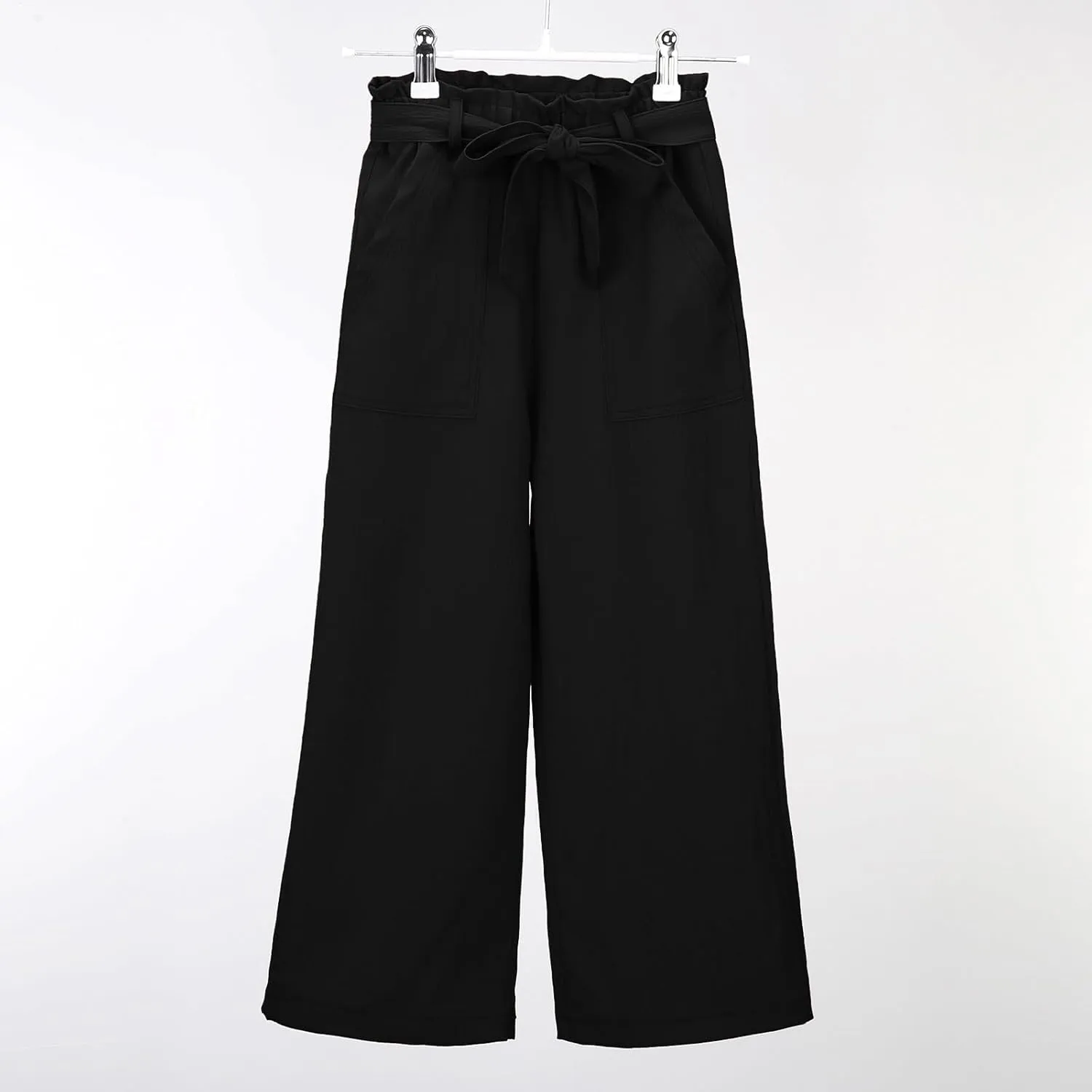 Girls Paper Bag Wide Leg Pants Kids High Elastic Waist Trousers Solid Color Straight Leg Lace-Up Pants with Pockets