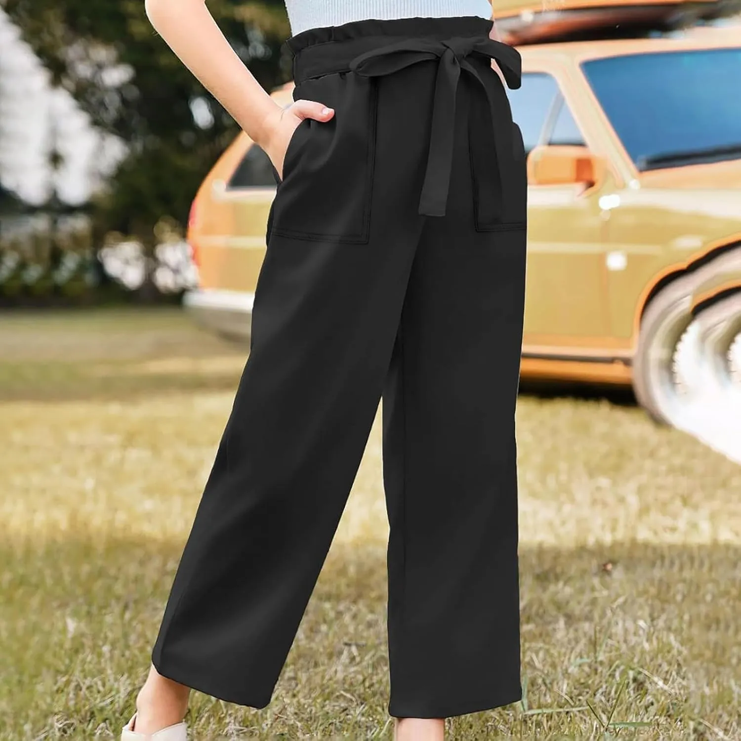 Girls Paper Bag Wide Leg Pants Kids High Elastic Waist Trousers Solid Color Straight Leg Lace-Up Pants with Pockets