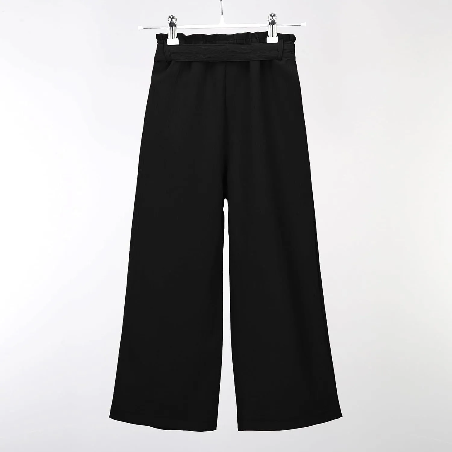Girls Paper Bag Wide Leg Pants Kids High Elastic Waist Trousers Solid Color Straight Leg Lace-Up Pants with Pockets