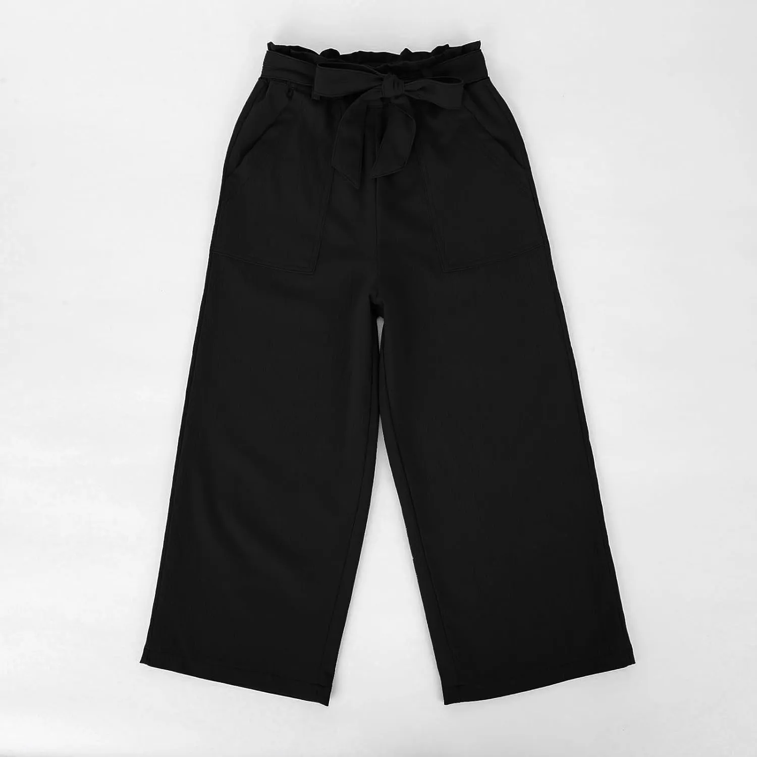 Girls Paper Bag Wide Leg Pants Kids High Elastic Waist Trousers Solid Color Straight Leg Lace-Up Pants with Pockets
