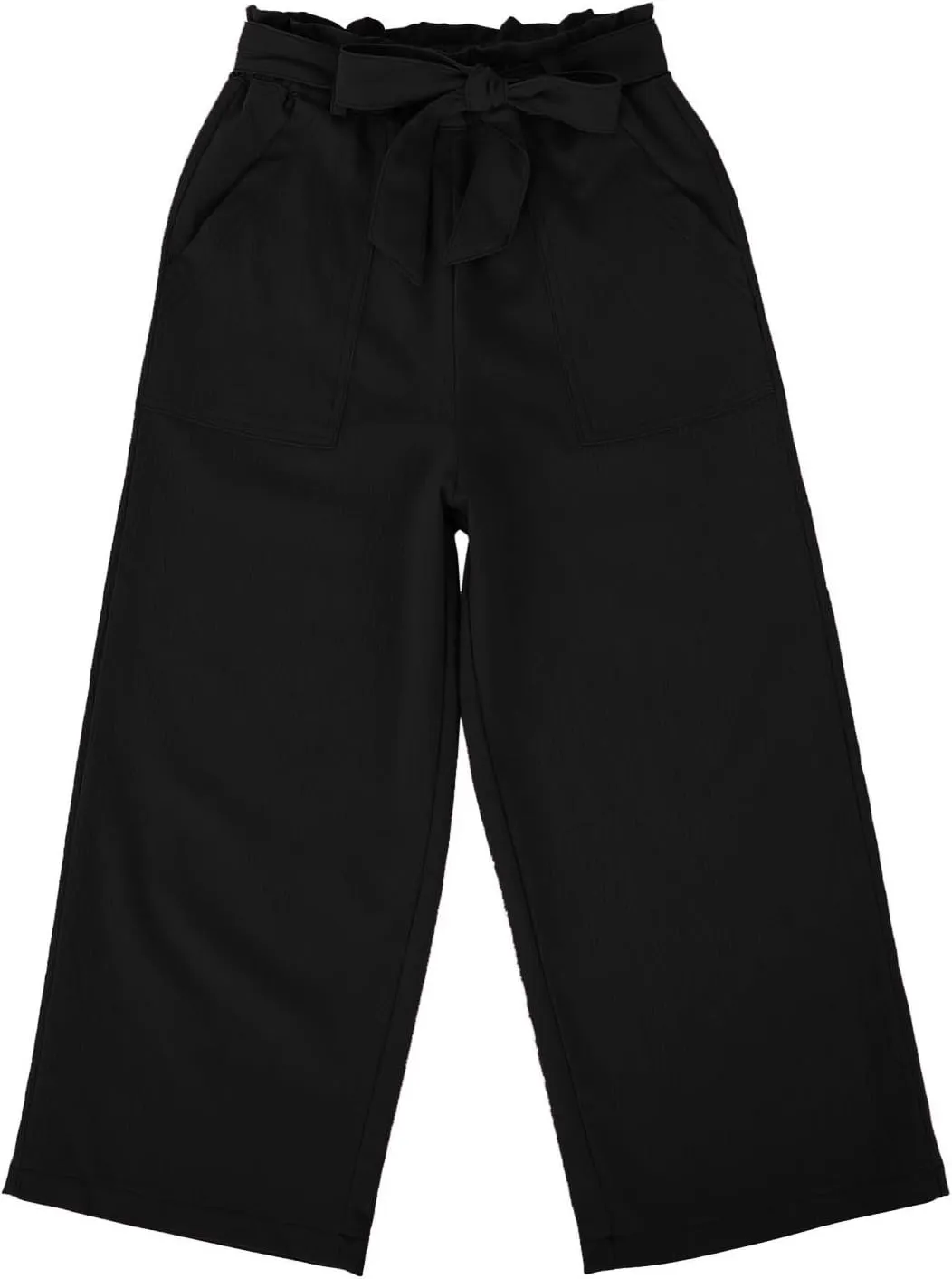 Girls Paper Bag Wide Leg Pants Kids High Elastic Waist Trousers Solid Color Straight Leg Lace-Up Pants with Pockets