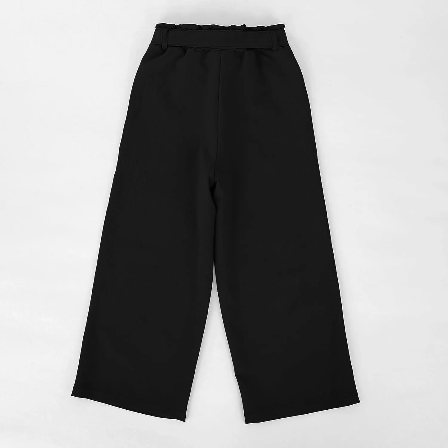 Girls Paper Bag Wide Leg Pants Kids High Elastic Waist Trousers Solid Color Straight Leg Lace-Up Pants with Pockets