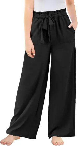Girls Paper Bag Wide Leg Pants Kids High Elastic Waist Trousers Solid Color Straight Leg Lace-Up Pants with Pockets