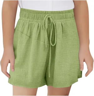 Girls Summer Shorts Casual Kids Wide Leg Cotton Linen Boho Beach Shorts Teens High Waisted Paperbag Drawstring Pants