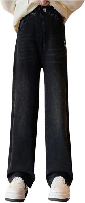 Girls Wide Leg Jeans Heart Embroidery Straight Leg Denim Pants Vintage Loose Fit Baggy Y2K Pants Streetwear with Pockets