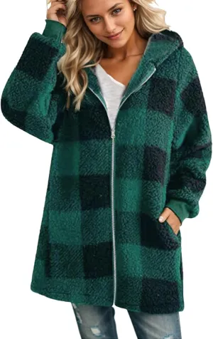 GOFULY Coats For Women Winter Soft Plush Hoodie Full Zip Fall Sherpa Jackets 2024 Plaid Cardigan With Pockets Outfits Trendy