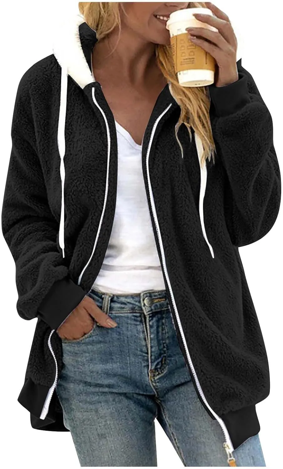 GOFULY Plus Size Winter Coats For Women Packable Sherpa Jackets Full Zip Fuzzy Fleece Cardigans Solid Fall Outerwear Pocket