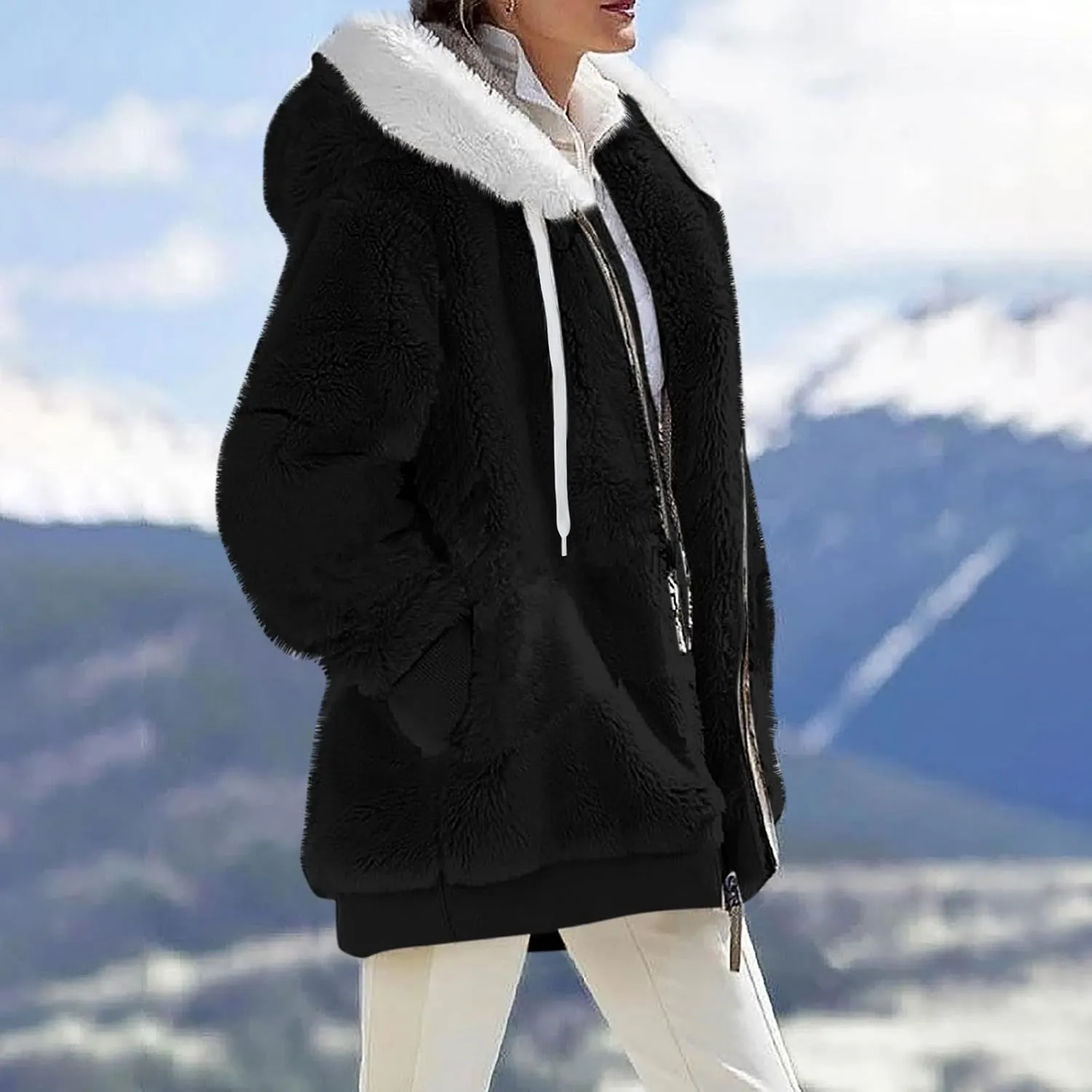GOFULY Plus Size Winter Coats For Women Packable Sherpa Jackets Full Zip Fuzzy Fleece Cardigans Solid Fall Outerwear Pocket