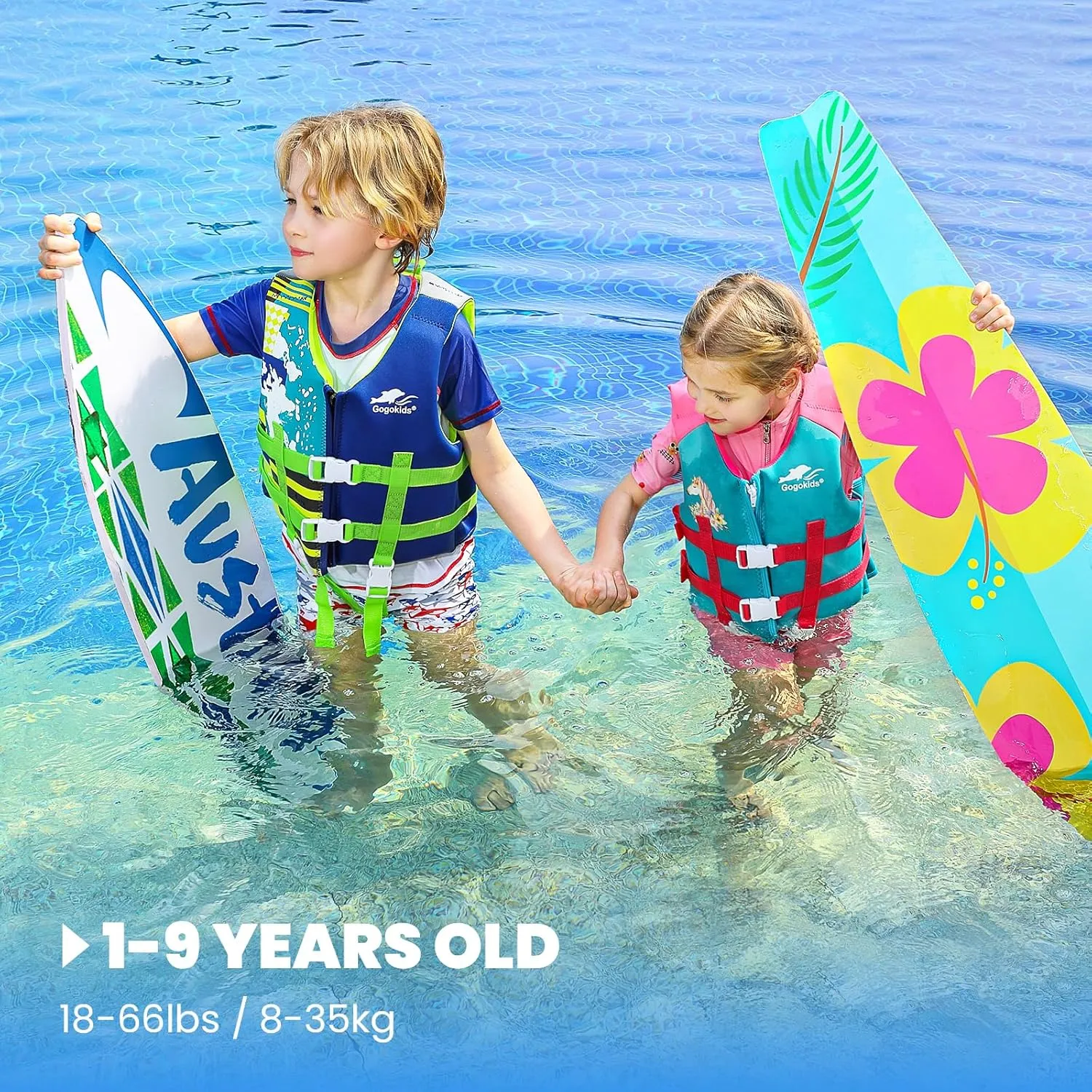 Gogokids Toddler Swim Vest, Kids Float Jacket for 20-30-40-50 lbs Girls and Boys, Float Swimwear with Duel Adjustable Safety Strap, for 2-9 Year Old Children
