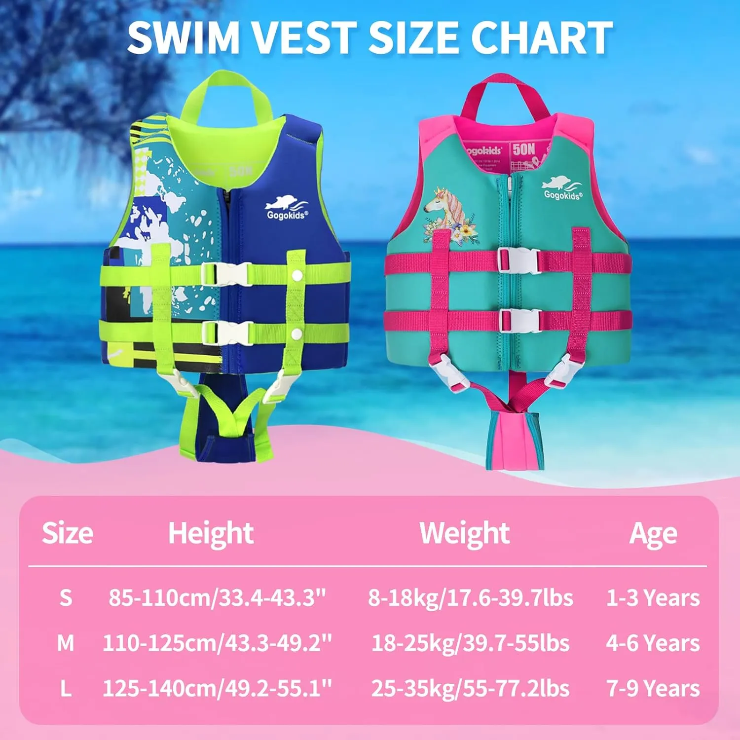 Gogokids Toddler Swim Vest, Kids Float Jacket for 20-30-40-50 lbs Girls and Boys, Float Swimwear with Duel Adjustable Safety Strap, for 2-9 Year Old Children
