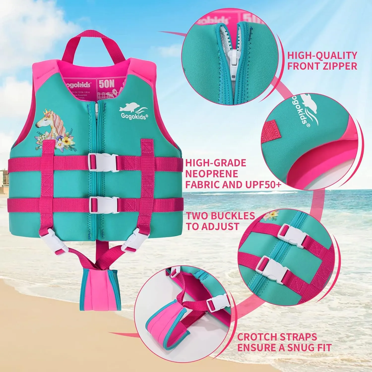 Gogokids Toddler Swim Vest, Kids Float Jacket for 20-30-40-50 lbs Girls and Boys, Float Swimwear with Duel Adjustable Safety Strap, for 2-9 Year Old Children