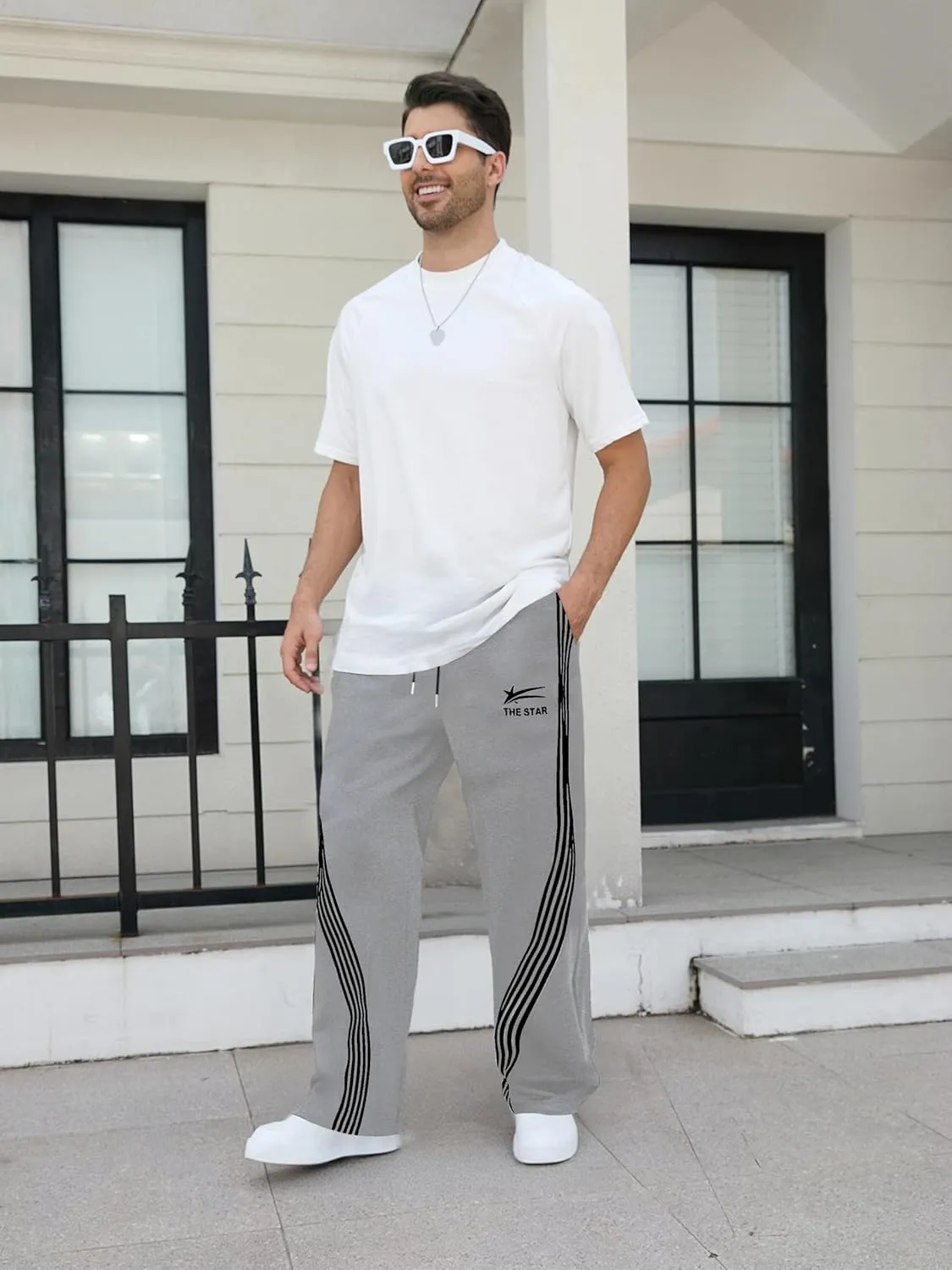 GORGLITTER Men's Wide Leg Baggy Sweatpants Y2k Striped Side Drawstring Waist Track Pants with Pockets
