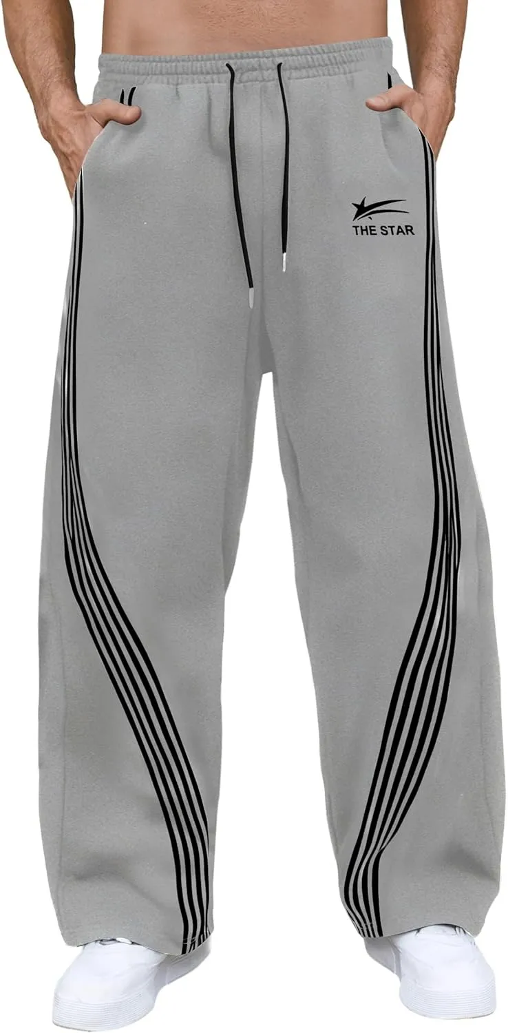 GORGLITTER Men's Wide Leg Baggy Sweatpants Y2k Striped Side Drawstring Waist Track Pants with Pockets