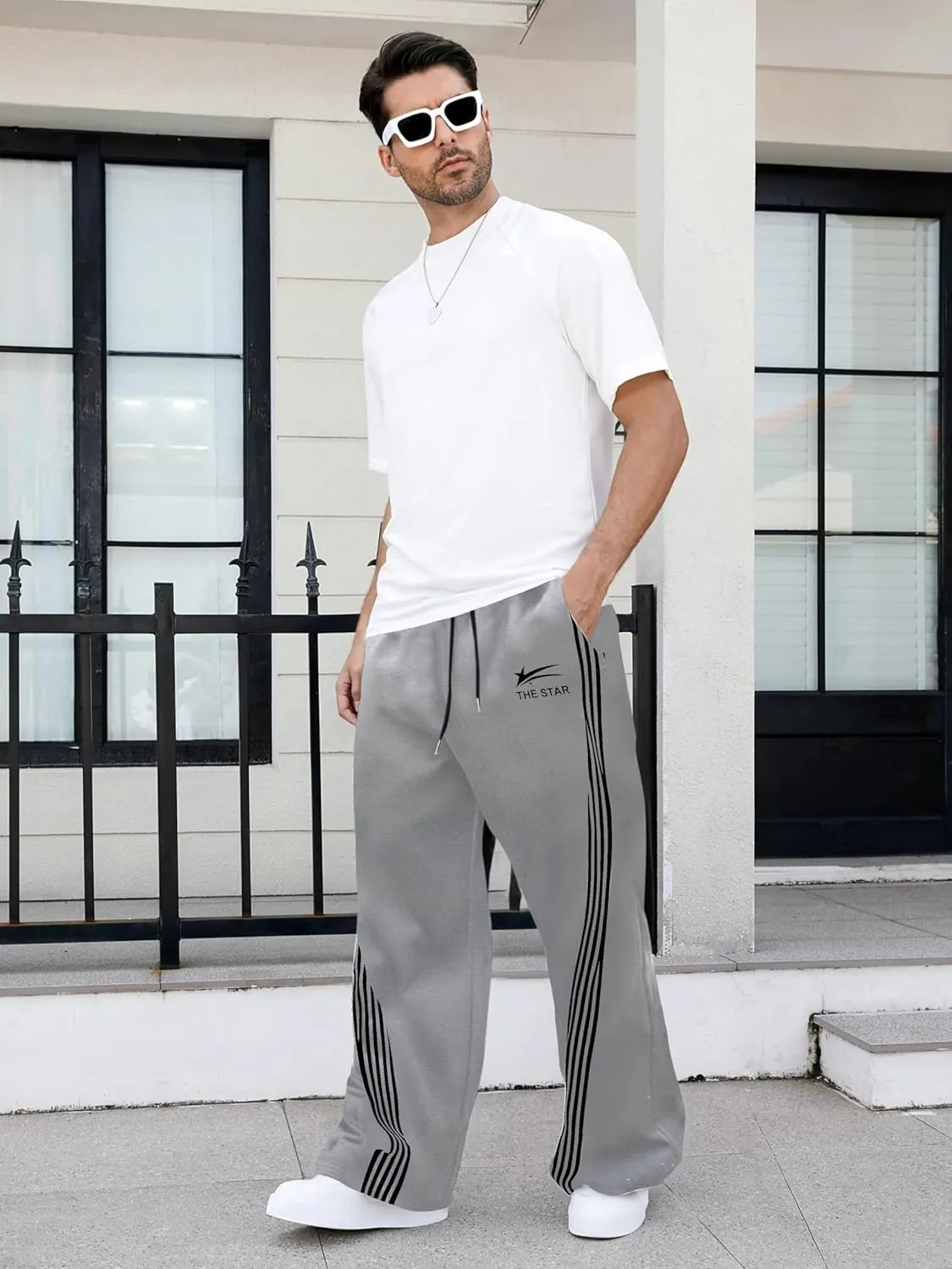 GORGLITTER Men's Wide Leg Baggy Sweatpants Y2k Striped Side Drawstring Waist Track Pants with Pockets