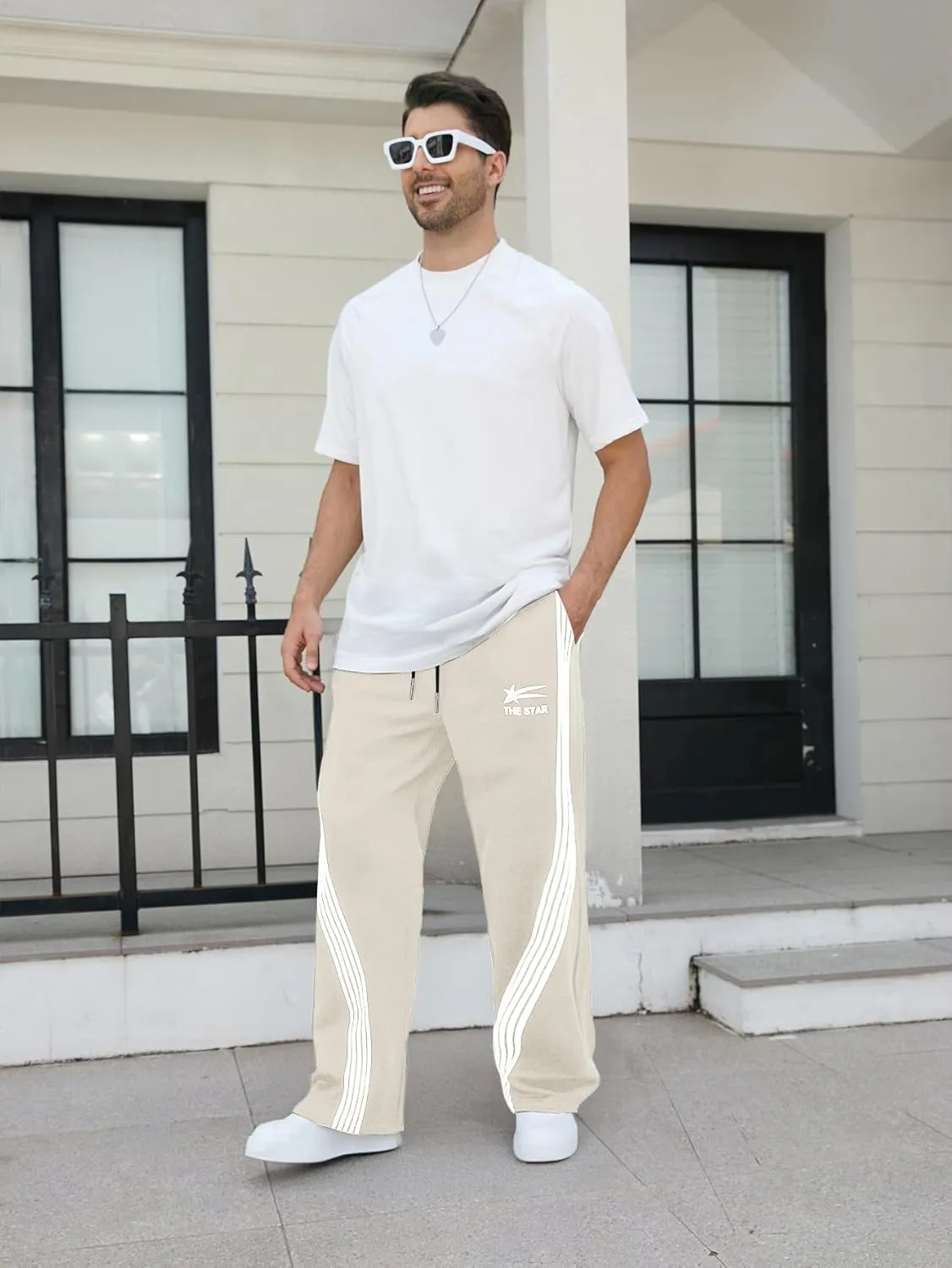 GORGLITTER Men's Wide Leg Baggy Sweatpants Y2k Striped Side Drawstring Waist Track Pants with Pockets