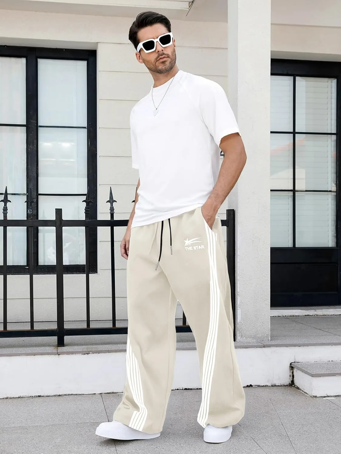 GORGLITTER Men's Wide Leg Baggy Sweatpants Y2k Striped Side Drawstring Waist Track Pants with Pockets