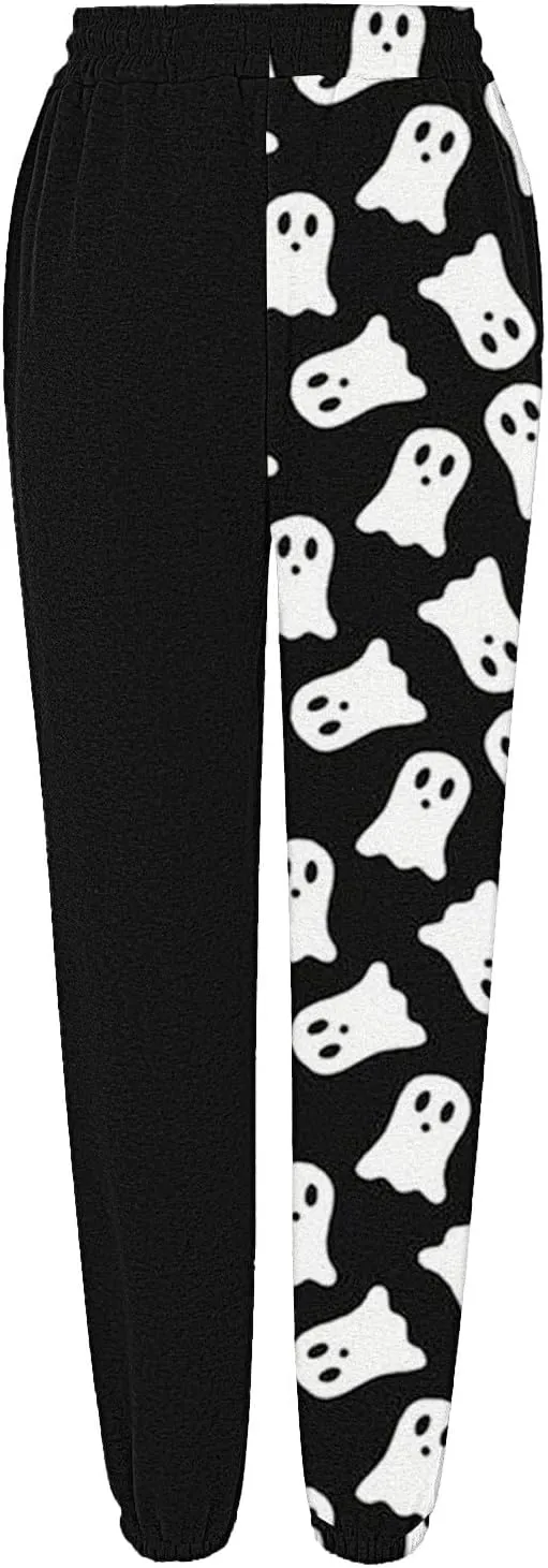 Halloween Sweatpants for Women Drawstring Ghost Print Fleece Joggers Pants High Waist Wide Leg Cinch Bottom Trousers
