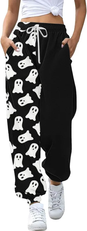 Halloween Sweatpants for Women Drawstring Ghost Print Fleece Joggers Pants High Waist Wide Leg Cinch Bottom Trousers
