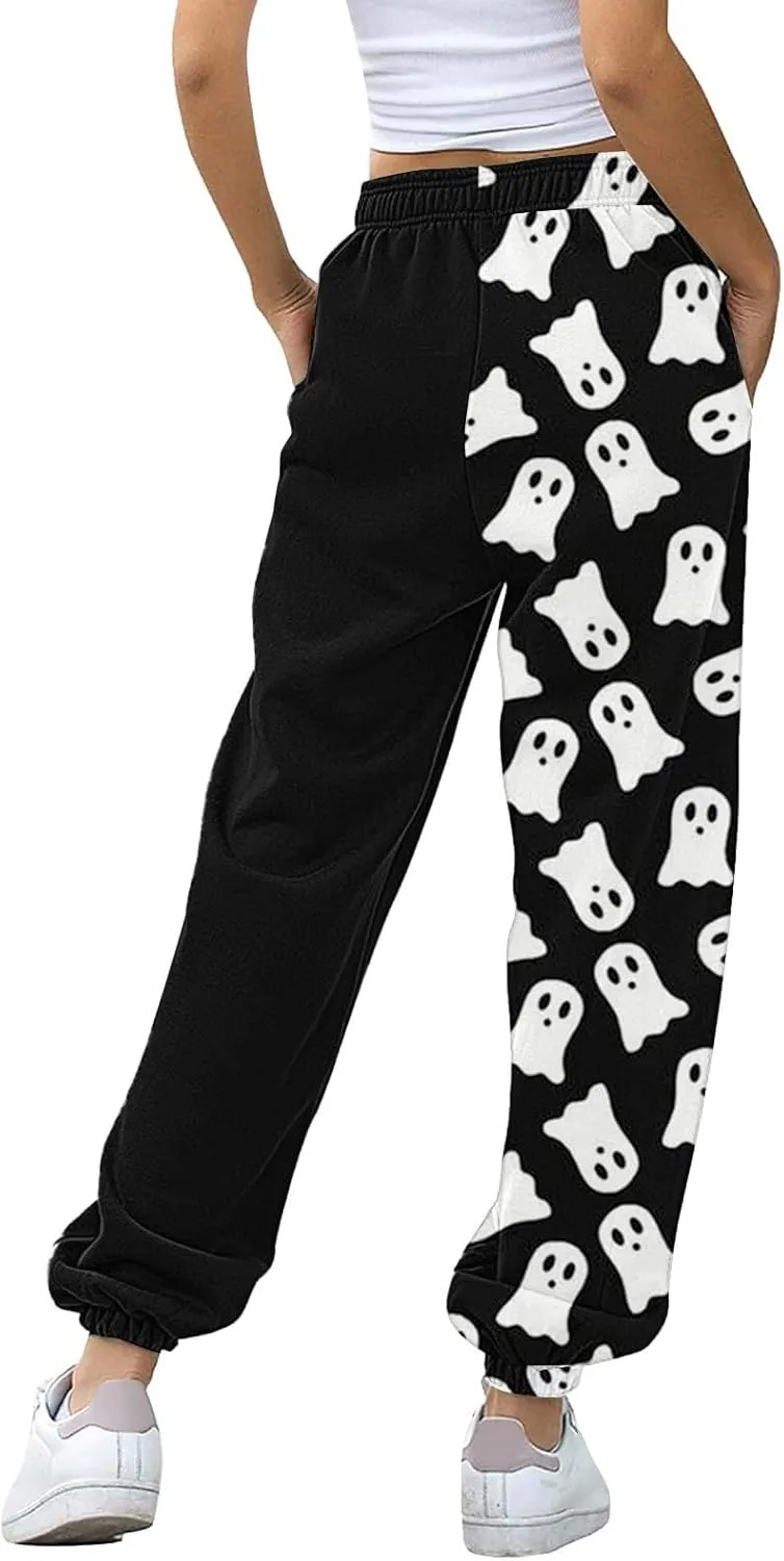 Halloween Sweatpants for Women Drawstring Ghost Print Fleece Joggers Pants High Waist Wide Leg Cinch Bottom Trousers
