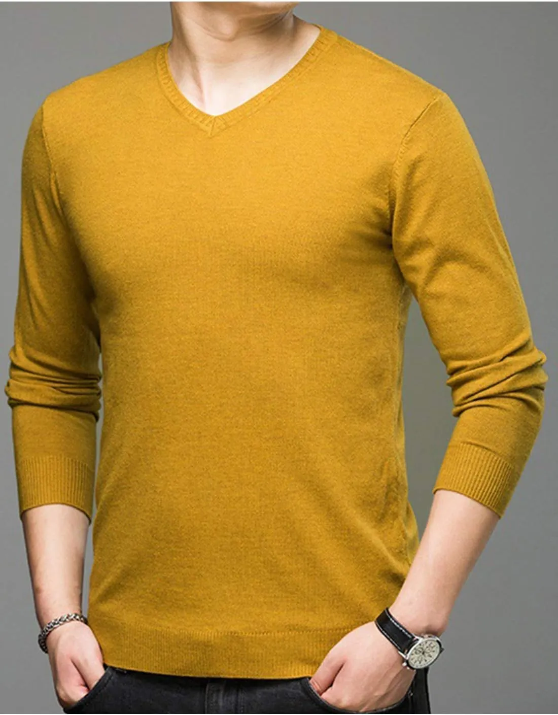 HaoMay Men's Slim Fit V Neck Pullovers Cashmere Knitted Sweater Jumper