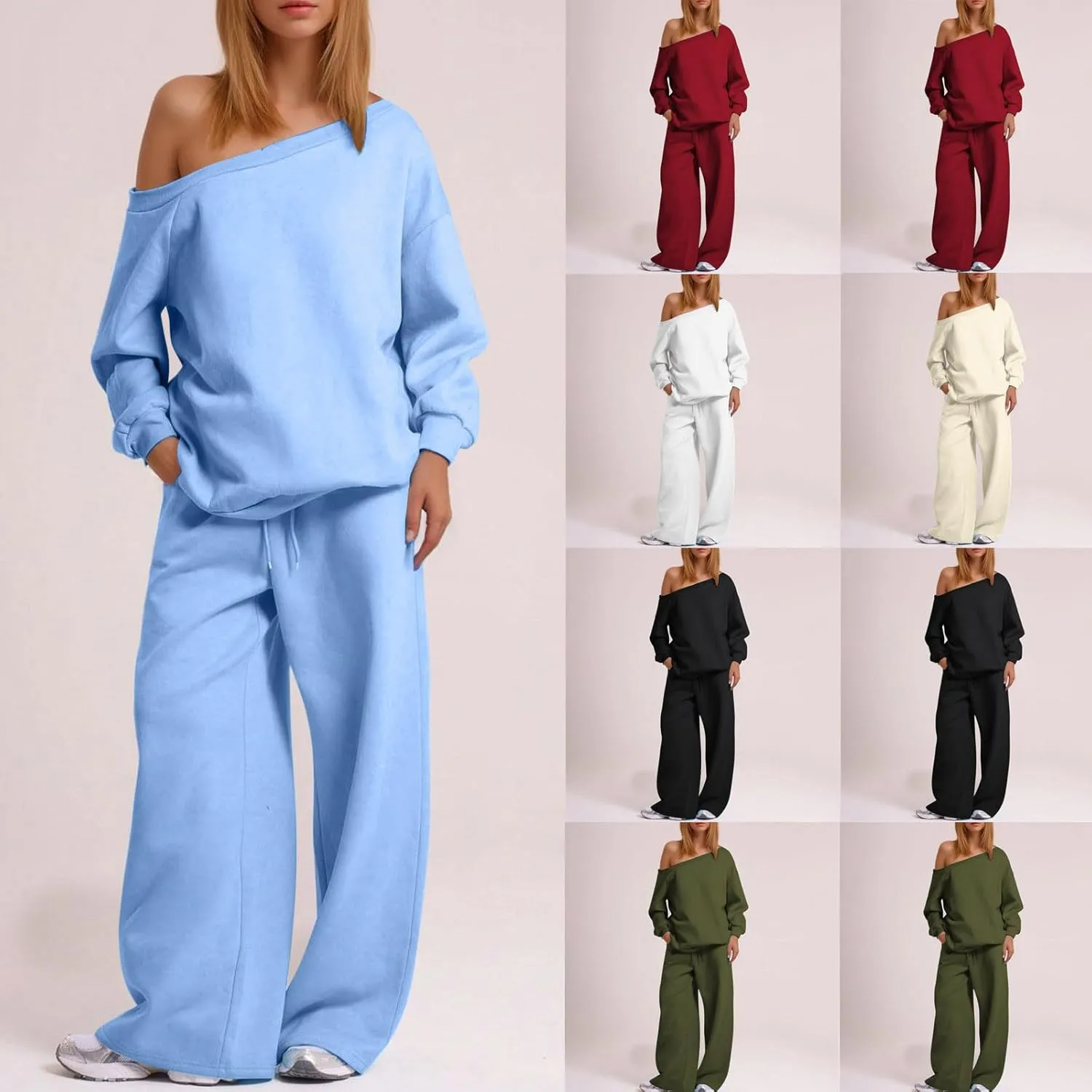 HGps8w Two Piece Outfits for Women Sexy Off Shoulder Sweatsuits Oversized Pullover Sweatshirt and Wide Leg Pants Lounge Sets