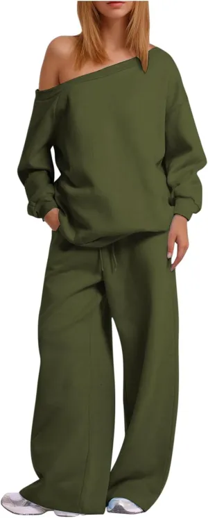 HGps8w Two Piece Outfits for Women Sexy Off Shoulder Sweatsuits Oversized Pullover Sweatshirt and Wide Leg Pants Lounge Sets