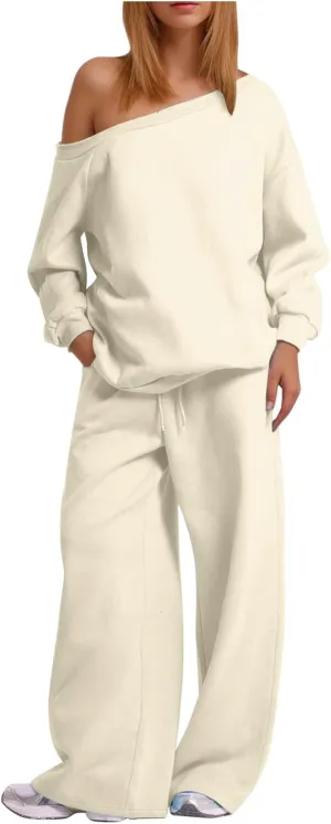 HGps8w Two Piece Outfits for Women Sexy Off Shoulder Sweatsuits Oversized Pullover Sweatshirt and Wide Leg Pants Lounge Sets
