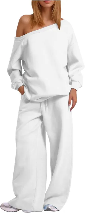 HGps8w Two Piece Outfits for Women Sexy Off Shoulder Sweatsuits Oversized Pullover Sweatshirt and Wide Leg Pants Lounge Sets
