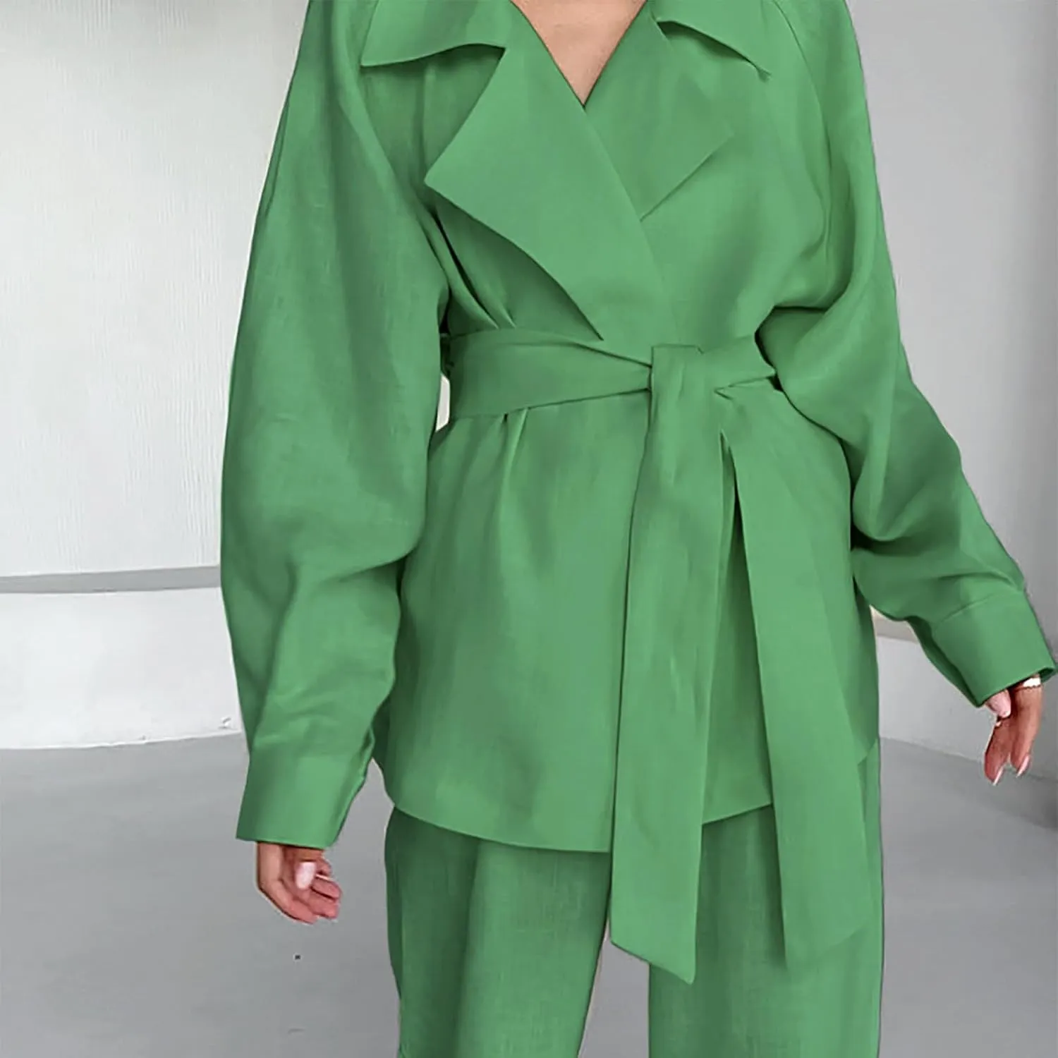 HGps8w Womens Cotton Linen Sets Loose Belted Blazer Shirts Matching Wide Leg Long Pants 2 Piece Business Vacation Outfits