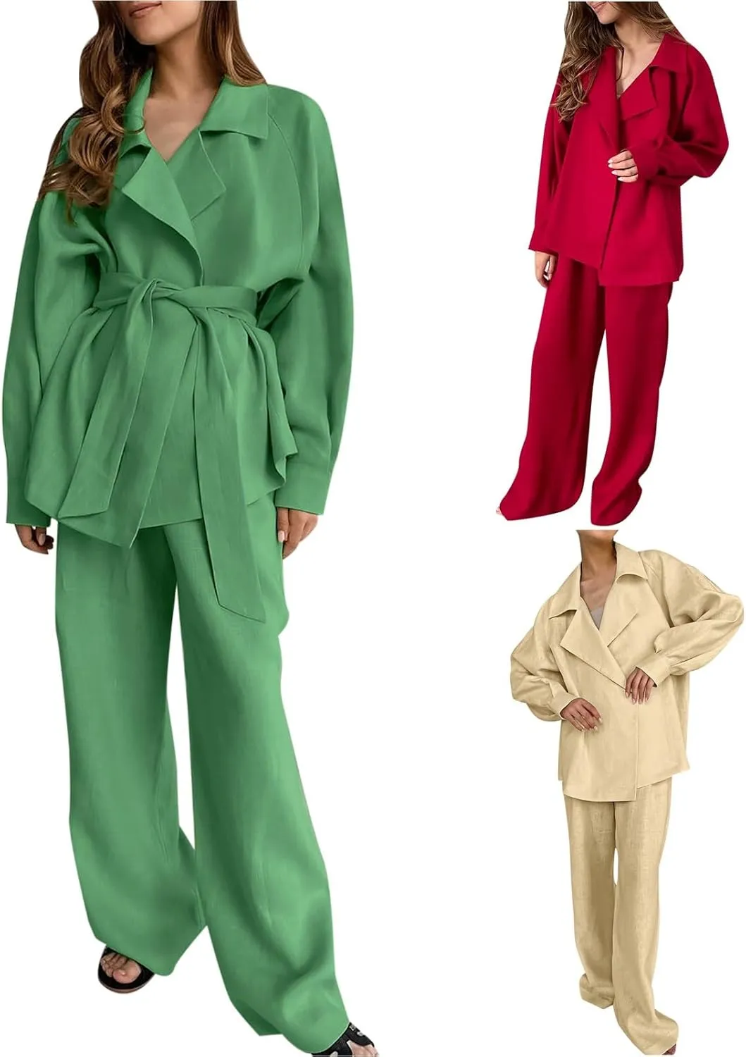 HGps8w Womens Cotton Linen Sets Loose Belted Blazer Shirts Matching Wide Leg Long Pants 2 Piece Business Vacation Outfits