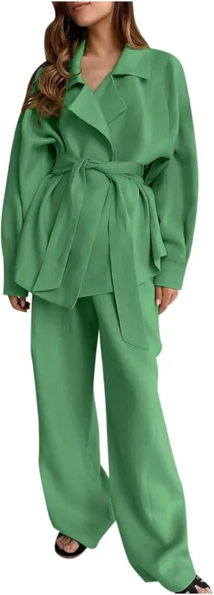 HGps8w Womens Cotton Linen Sets Loose Belted Blazer Shirts Matching Wide Leg Long Pants 2 Piece Business Vacation Outfits