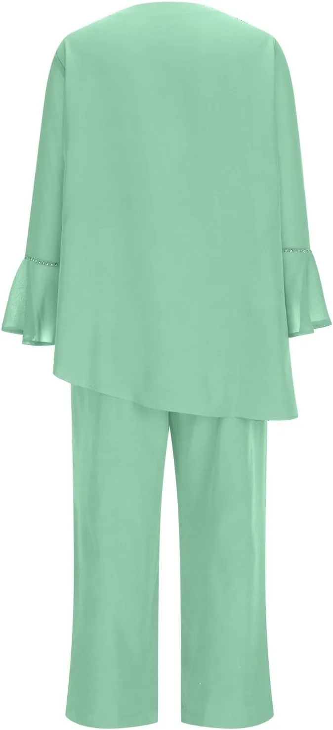 HGps8w Women's Elegant Chiffon Pantsuits 2 Pieces Mother of Bride Outfits Irregular Hem V Neck Blouses Wedding Guest Suits