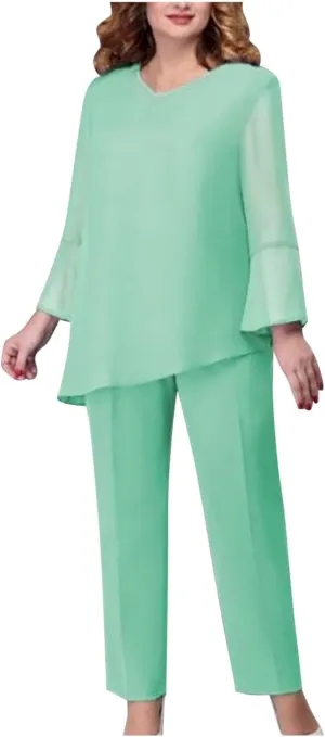 HGps8w Women's Elegant Chiffon Pantsuits 2 Pieces Mother of Bride Outfits Irregular Hem V Neck Blouses Wedding Guest Suits