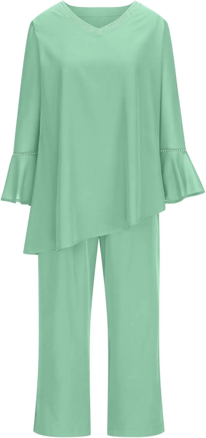 HGps8w Women's Elegant Chiffon Pantsuits 2 Pieces Mother of Bride Outfits Irregular Hem V Neck Blouses Wedding Guest Suits