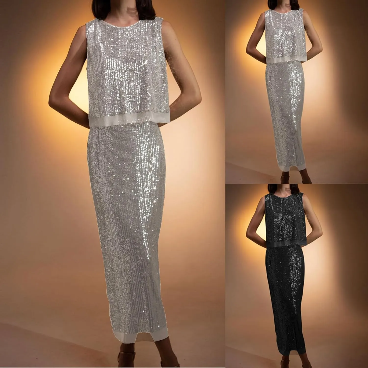 HGps8w Womens Elegant Glitter 2 Piece Outfits Sequin Sleeveless Crop Tank Top Sparkle Maxi Pencil Skirt Set Party Clubwear