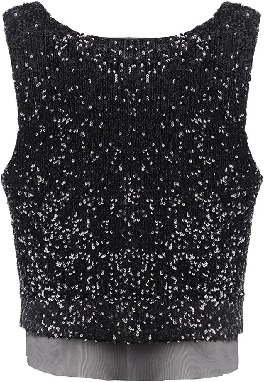 HGps8w Womens Elegant Glitter 2 Piece Outfits Sequin Sleeveless Crop Tank Top Sparkle Maxi Pencil Skirt Set Party Clubwear