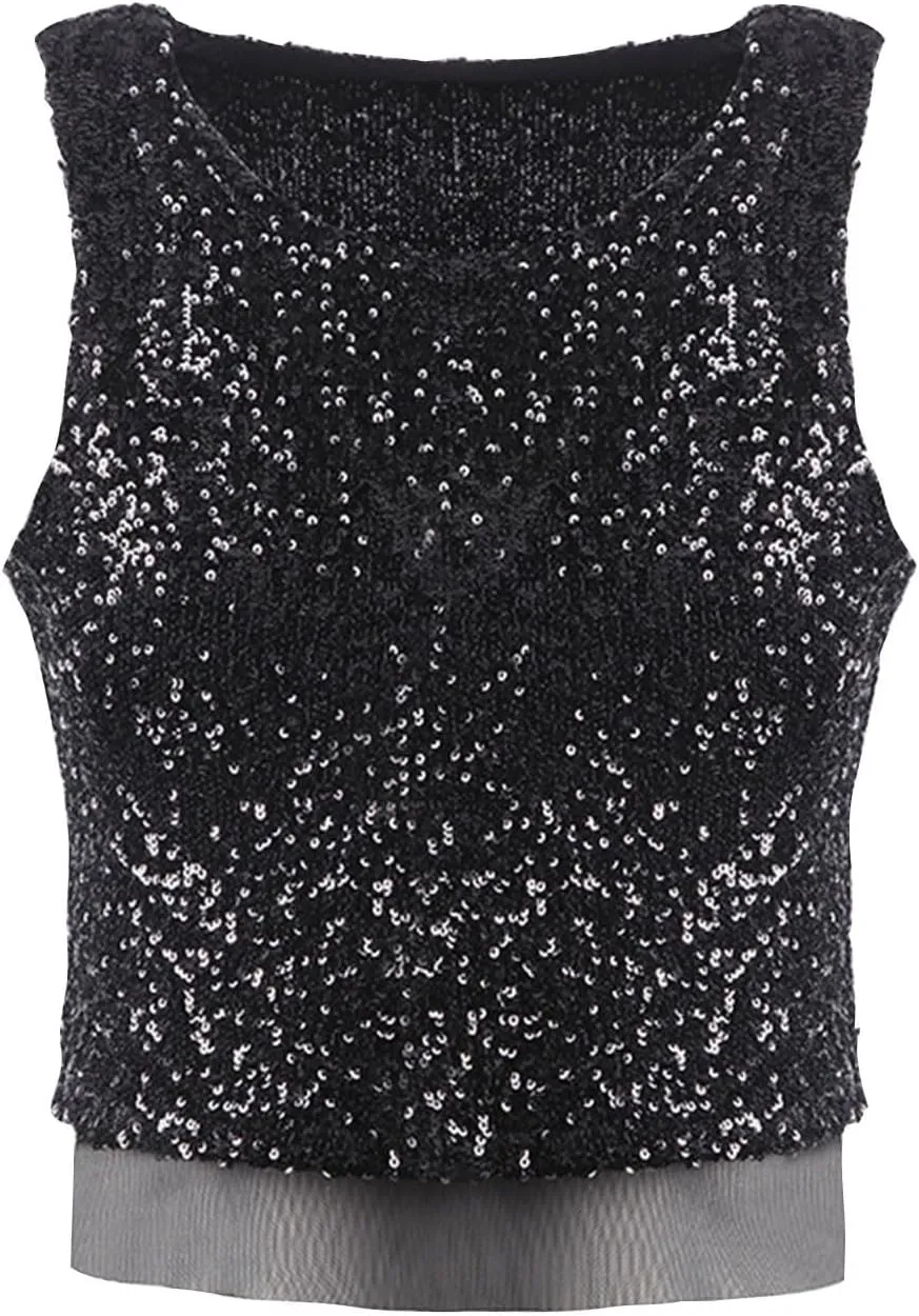 HGps8w Womens Elegant Glitter 2 Piece Outfits Sequin Sleeveless Crop Tank Top Sparkle Maxi Pencil Skirt Set Party Clubwear