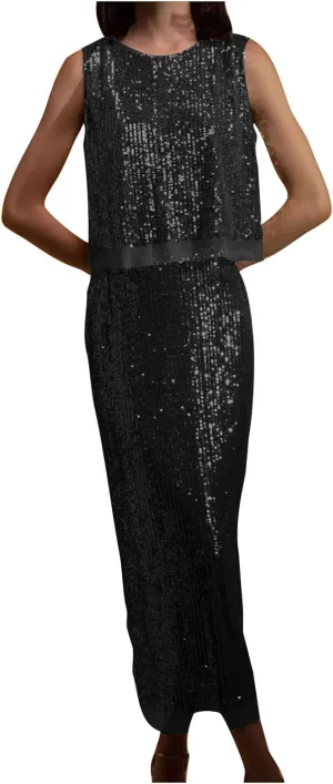 HGps8w Womens Elegant Glitter 2 Piece Outfits Sequin Sleeveless Crop Tank Top Sparkle Maxi Pencil Skirt Set Party Clubwear