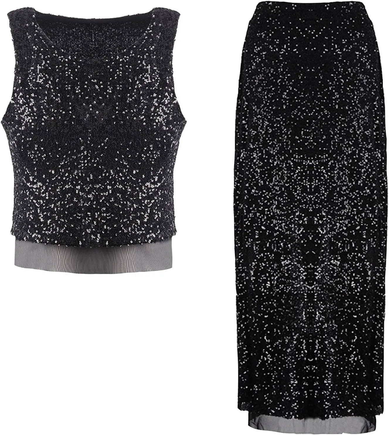 HGps8w Womens Elegant Glitter 2 Piece Outfits Sequin Sleeveless Crop Tank Top Sparkle Maxi Pencil Skirt Set Party Clubwear