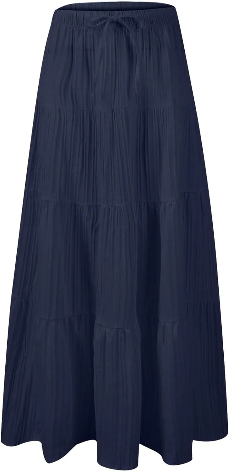 High Waist Tiered Skirts for Women Casual Dressy Drawstring Flowy Skirts Summer Beach Fashion Trendy Long Skirt